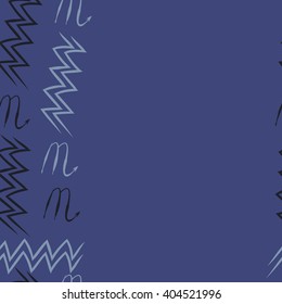Seamless vertical pattern of zodiac sings, scorpio, aquarius,zigzag, copy space. Hand drawn.
