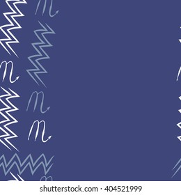 Seamless vertical pattern of zodiac sings, scorpio, aquarius,zigzag, copy space. Hand drawn.