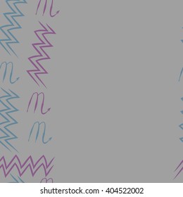 Seamless vertical pattern of zodiac sings, scorpio, aquarius,zigzag, copy space. Hand drawn.