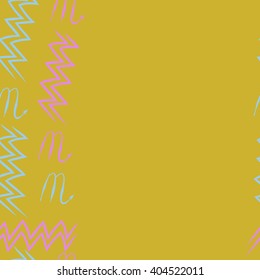 Seamless vertical pattern of zodiac sings, scorpio, aquarius,zigzag, copy space. Hand drawn.