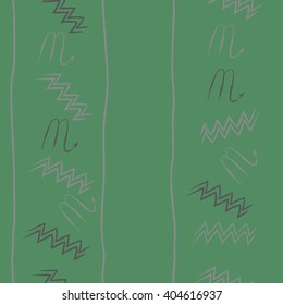 Seamless vertical pattern of zodiac sings, scorpio, aquarius,zigzag, stripes, copy space. Hand drawn.