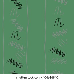 Seamless vertical pattern of zodiac sings, scorpio, aquarius,zigzag, stripes, copy space. Hand drawn.