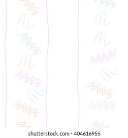 Seamless vertical pattern of zodiac sings, scorpio, aquarius,zigzag, stripes, copy space. Hand drawn.