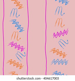 Seamless vertical pattern of zodiac sings, scorpio, aquarius,zigzag, stripes, copy space. Hand drawn.