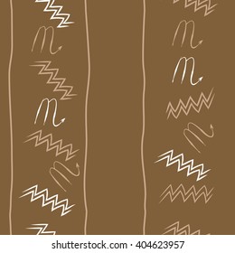 Seamless vertical pattern of zodiac sings, scorpio, aquarius,zigzag, stripes, copy space. Hand drawn.