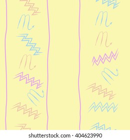 Seamless vertical pattern of zodiac sings, scorpio, aquarius,zigzag, stripes, copy space. Hand drawn.