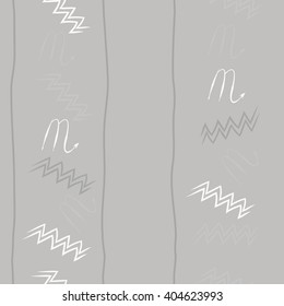 Seamless vertical pattern of zodiac sings, scorpio, aquarius,zigzag, stripes, copy space. Hand drawn.