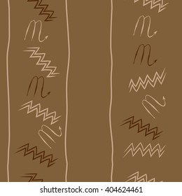 Seamless vertical pattern of zodiac sings, scorpio, aquarius,zigzag, stripes, copy space. Hand drawn.