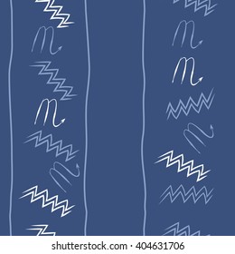 Seamless vertical pattern of zodiac sings, scorpio, aquarius,zigzag, stripes, copy space. Hand drawn.