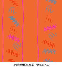 Seamless vertical pattern of zodiac sings, scorpio, aquarius,zigzag, stripes, copy space. Hand drawn.