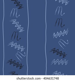 Seamless vertical pattern of zodiac sings, scorpio, aquarius,zigzag, stripes, copy space. Hand drawn.
