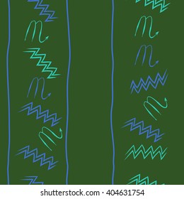Seamless vertical pattern of zodiac sings, scorpio, aquarius,zigzag, stripes, copy space. Hand drawn.