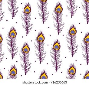seamless vertical purple peacock feather on white background with purple polka dot decoration