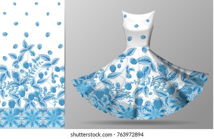 Seamless vertical raspberries design with ornate border. Floral pattern on dress mockup. Delicate blue on white. Vector