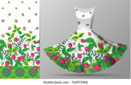 Seamless vertical raspberries design with ornate border. Floral pattern on dress mockup. Vector