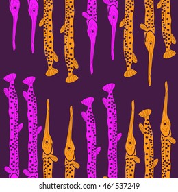 Seamless  vertical sea pattern, ellipses, hole,  spots,fishes, doodles . Hand drawn.
