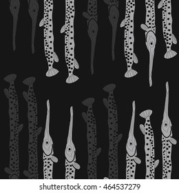 Seamless  vertical sea pattern, ellipses, hole,  spots,fishes, doodles . Hand drawn.