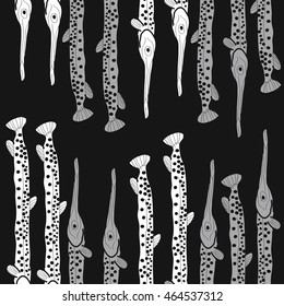 Seamless  vertical sea pattern, ellipses, hole,  spots,fishes, doodles . Hand drawn.