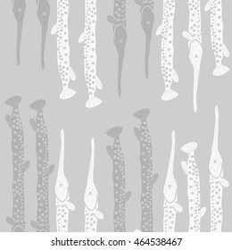Seamless  vertical sea pattern, ellipses, hole,  spots,fishes, doodles . Hand drawn.