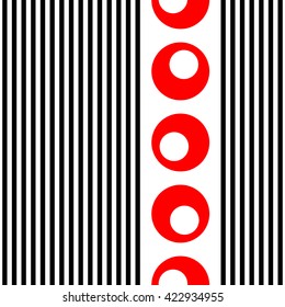 Seamless Vertical Stripe and Circle Pattern. Vector Black and Red Background. Abstract Striped Wallpaper. Trendy Minimal Design