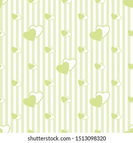 Seamless vertical stripe green pattern with hearts, pastel pale colors. Vector abstract background, design for fabric, textile, fashion, wedding design, pillow case, wrapping paper; Valentine, Easter.