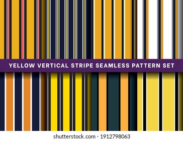 Seamless Vertical Stripe line pattern collection, Set of yellow color repeated line pattern vector on colorful background for Fabric and textile printing, wrapping paper, backdrops, and clothing print