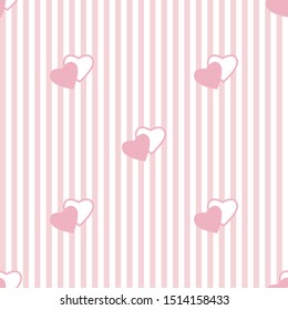 Seamless vertical stripe pattern with pink hearts, pastel pale colors. Vector abstract background, design for fabric, textile, fashion, wedding design, pillow case, wrapping paper; Valentin, Easter.