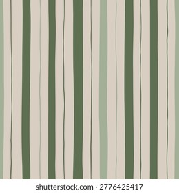 Seamless vertical stripe pattern with varied widths and hand drawn texture in olive tones, ideal for upholstery, fabric and interior decor