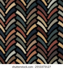 Seamless vertical striped lines pattern. Abstract geometric chevron design with multicolored embroidered rectangles on a black background. Contemporary retro style. Vector illustration.