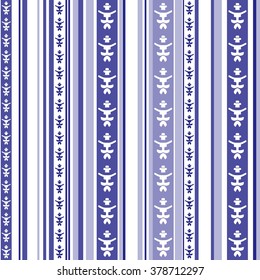 Seamless vertical striped pattern with abstract motif in blue and white colors
