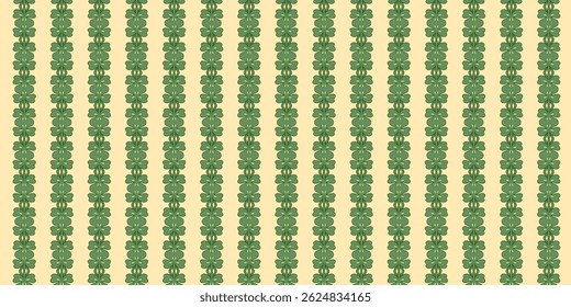 A seamless vertical striped pattern featuring detailed green floral elements against a beige background.