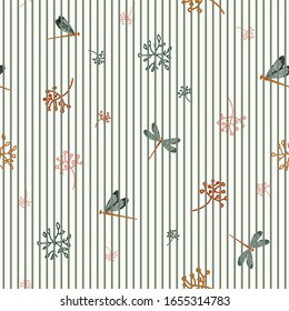 Patrón de rayas verticales impecables con flores y libélulas. Ilustración hecha a mano en beige. Patrón vectorial para tarjeta, invitación, papel de envoltura, tela textil