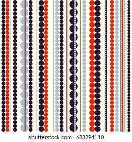Seamless vertical striped pattern in retro colors. Circles and points. Vector illustration