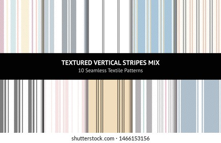 Seamless vertical stripes patterns in blue, pink, gold, grey, black, and white for dress, shirt, trousers, packaging, wrapping, or other modern designs.