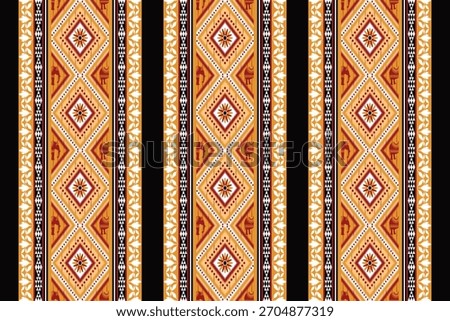 Seamless vertical Thai tribal pattern in orange and gold tones featuring elephant motifs and geometric details. Perfect for textiles, fabrics, wallpapers, and ethnic decorative designs.