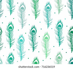 seamless vertical various colors of green peacock feather on white background with various colors of green polka dot decoration