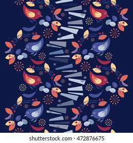 Seamless vertical vector background. Birds and berries on a blue