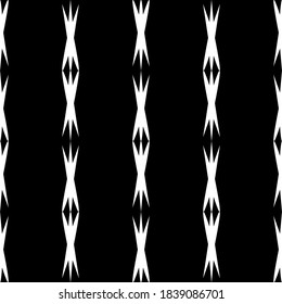 Seamless vertical vector lace pattern. White lace stripes on black background. Black and white graphics. For design and decor.