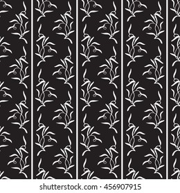 Seamless vertical vintage pattern with hand drawn twig with leaves- digital white and black artwork . Vector design for textiles, fabric, wallpapers, packaging, paper and your design