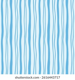 Seamless vertical wavy stripe pattern in blue and white. Hand-drawn striped geometric background. Surface design element. Abstract vector design