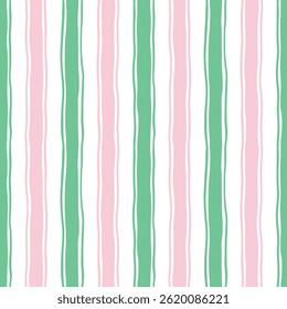 Padrão de faixa ondulada vertical uniforme em rosa, verde e branco. Fundo geométrico listrado desenhado à mão. Elemento de concepção da superfície. Design vetorial de verão