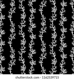 Seamless Vertical White Coral Strings Black Background Two-Tone Black And White Vector Pattern