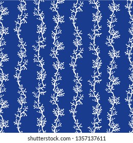 Seamless Vertical White Coral Strings Cobalt Blue Background Two-Tone Vector Pattern
