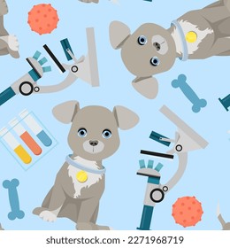 Seamless veterinary pattern with a dog, a microscope and bones on a blue background