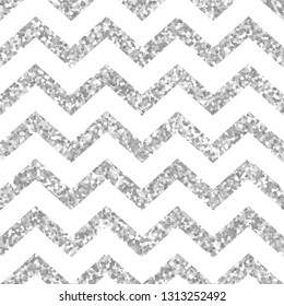 Seamless vetor chevron pattern with silver glitter texture on white background