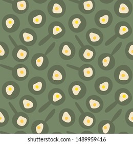 A seamless vetor pattern with fried eggs, pans and plates. Surface print design.