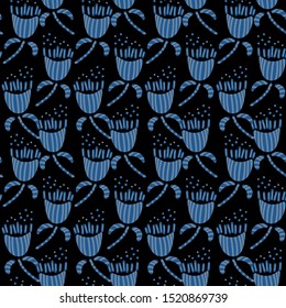 A seamless vetor pattern with grid ofblue floral shapes on a black background. Surface print design.