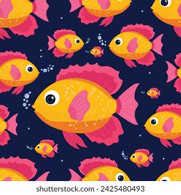 Seamless vibrant fish pattern on isolated dark blue background. Sea cartoon vector. For children's wallpaper, book characters, prints.