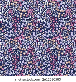 Seamless Vibrant Floral Pattern with Small Colorful Flowers on Dark Background