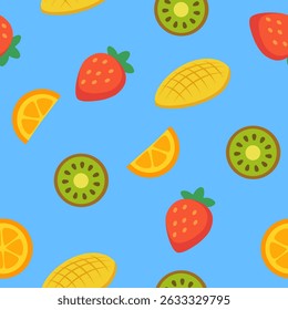 Seamless vibrant fruit pattern featuring kiwi, orange, strawberry, and mango on a vivid blue background.